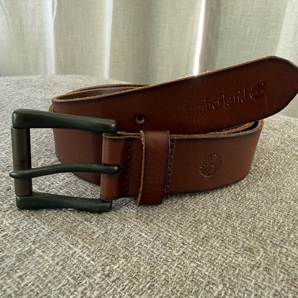 Timberland Belt Men's Size 38 Brown Genuine Leather Logo Embossed Casual